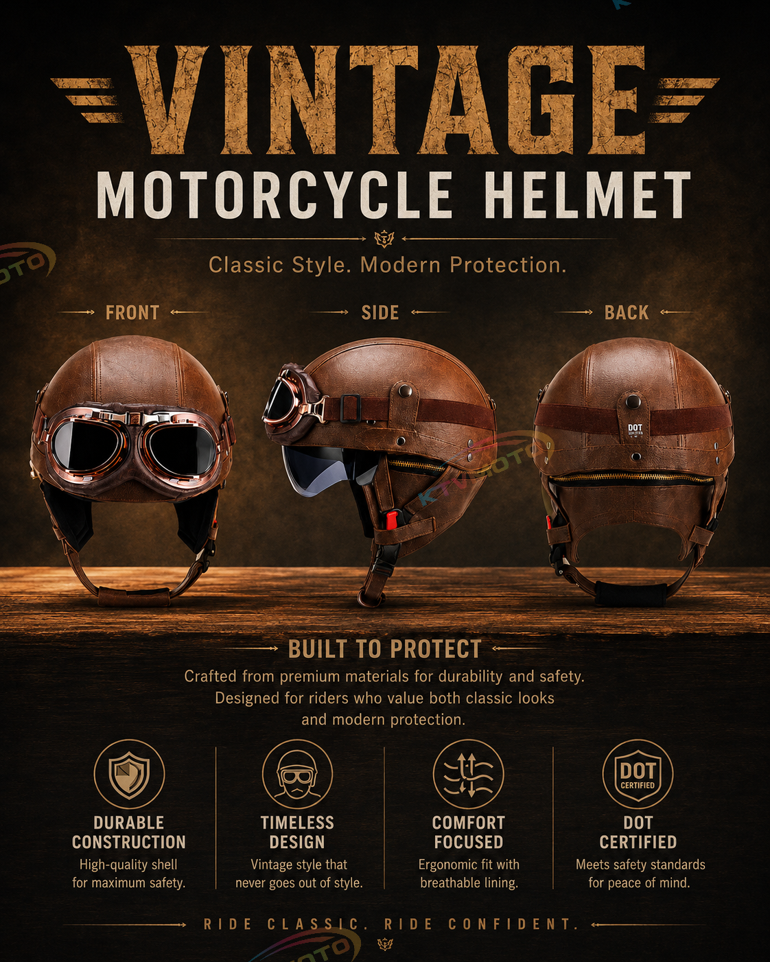 AviatorRide – Vintage PU Leather DOT Motorcycle Half Helmet with Goggles