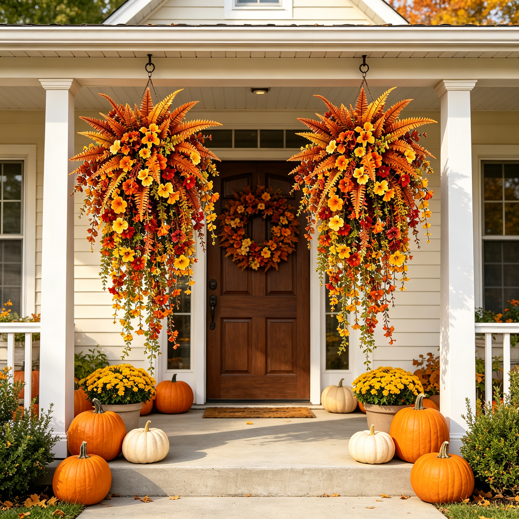 HarvestCascade – Artificial Fall Fern & Trailing Flower Vines for Porch and Door Decor