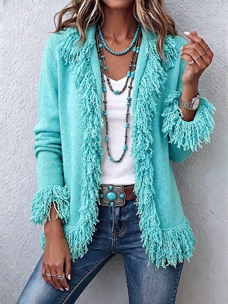 FringeFlair – 🤲🧡 Vibrant Chartreuse Boho Fringe Cardigan