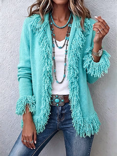 FringeFlair – 🤲🧡 Vibrant Chartreuse Boho Fringe Cardigan