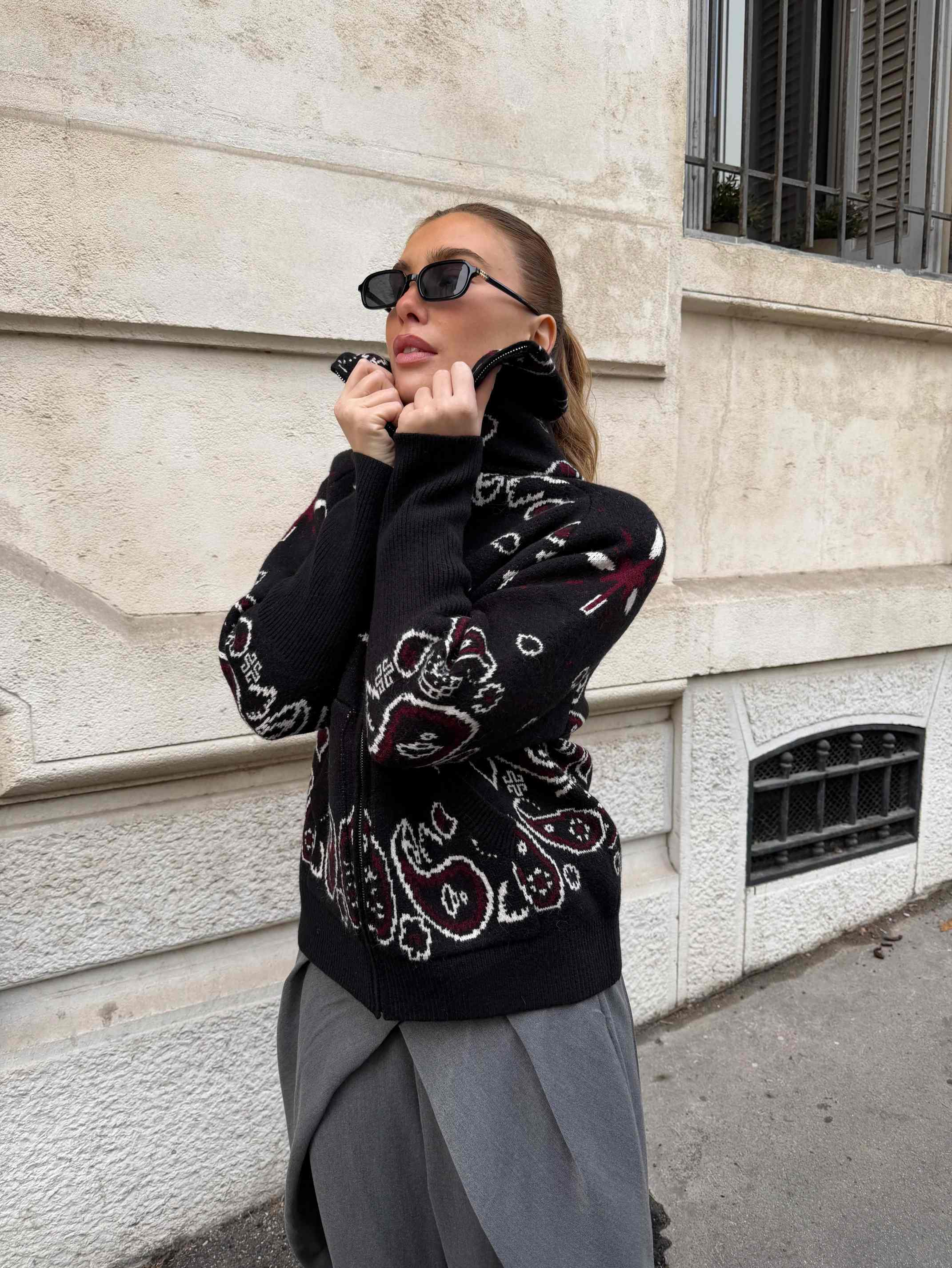 BandanaEase – Bandana-Patterned Knit Cardigan