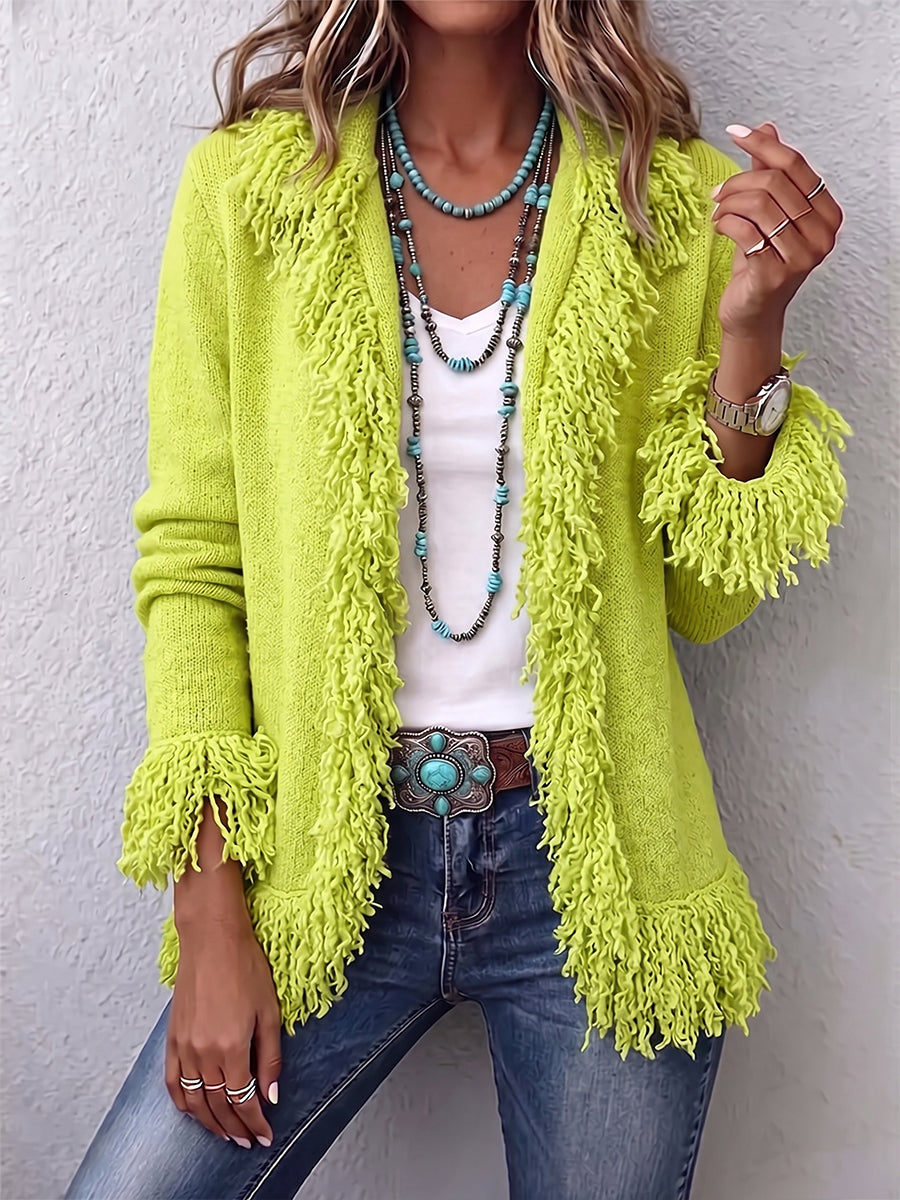 FringeFlair – 🤲🧡 Vibrant Chartreuse Boho Fringe Cardigan