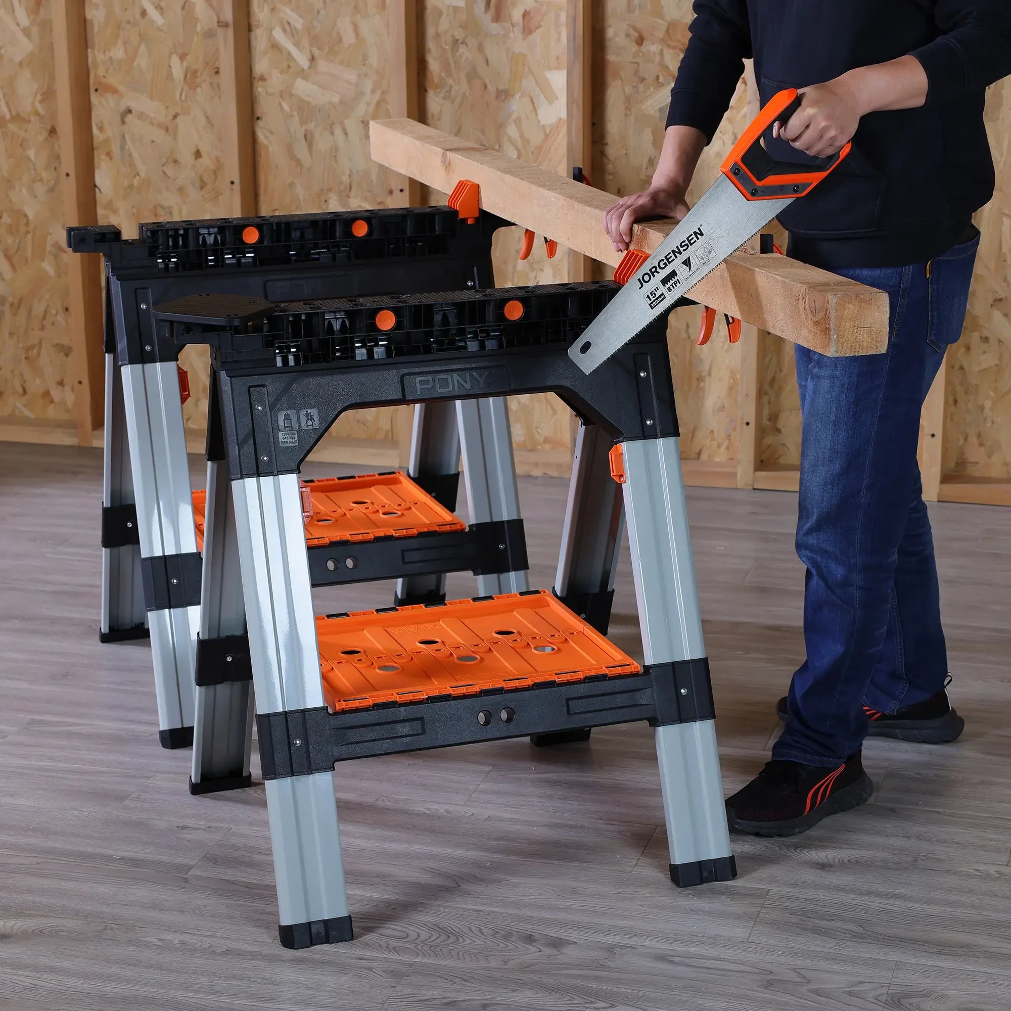 PonyWork – 2-Pack Folding Sawhorses with Clamps