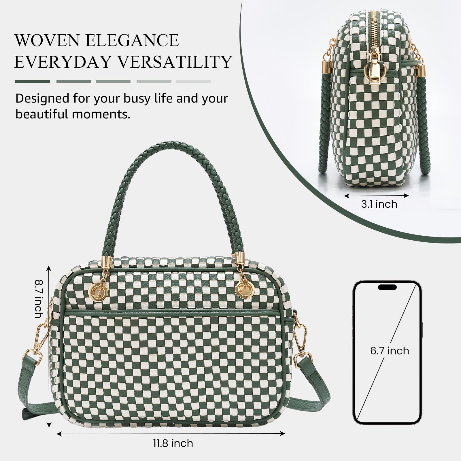 CheckWeave – Chic Checkered Woven Top Handle Crossbody Shoulder Bag in Vegan Leather