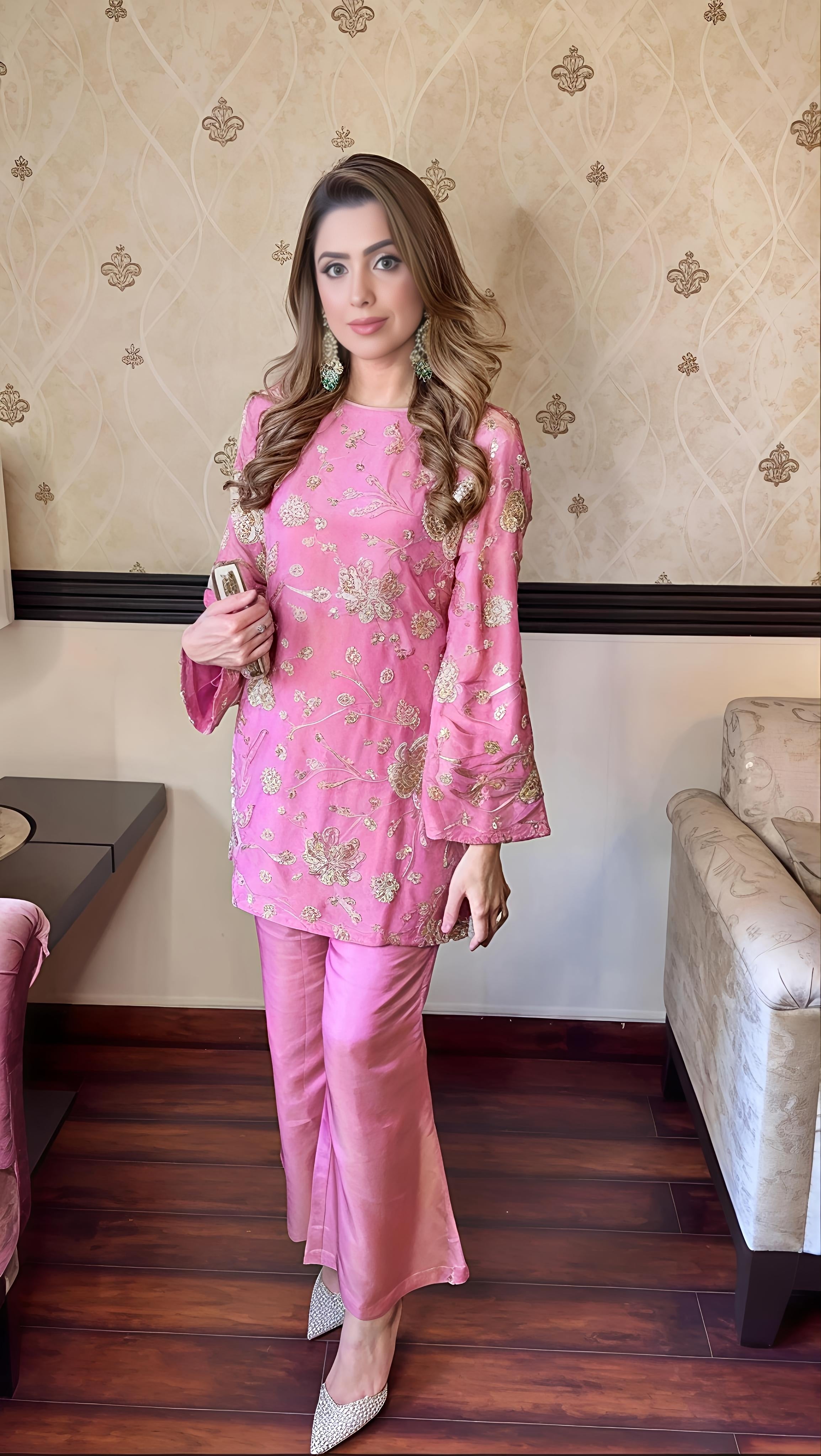 RoseLustre – Rose Pink Viscose Tissue Beadwork Co-ord Set