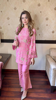 RoseLustre – Rose Pink Viscose Tissue Beadwork Co-ord Set