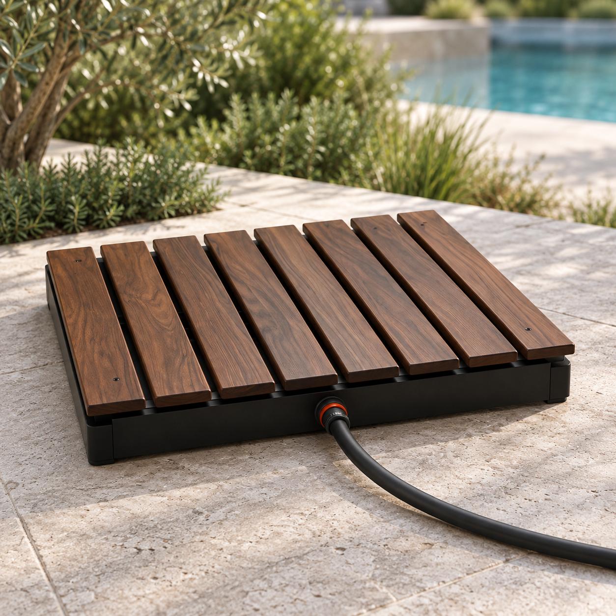 RinseDeck – Hose-Connected Outdoor Shower Platform with Non-Slip Wood-Grain Deck