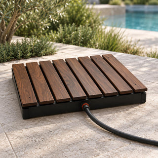 RinseDeck – Hose-Connected Outdoor Shower Platform with Non-Slip Wood-Grain Deck
