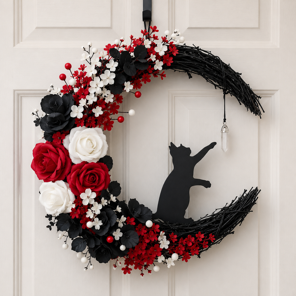 CrescentPurr – Handmade Halloween Cat Wreath🐈‍⬛🌙