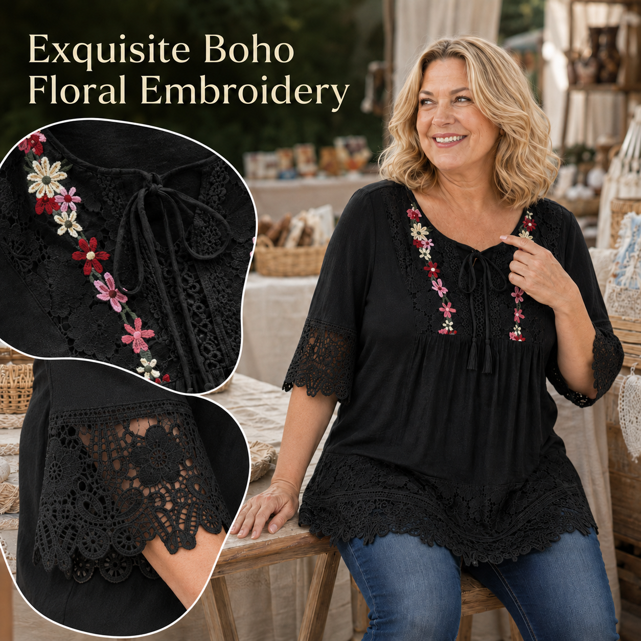 BohoBloom – Plus-Size Cotton-Linen Floral Embroidered Lace Tunic