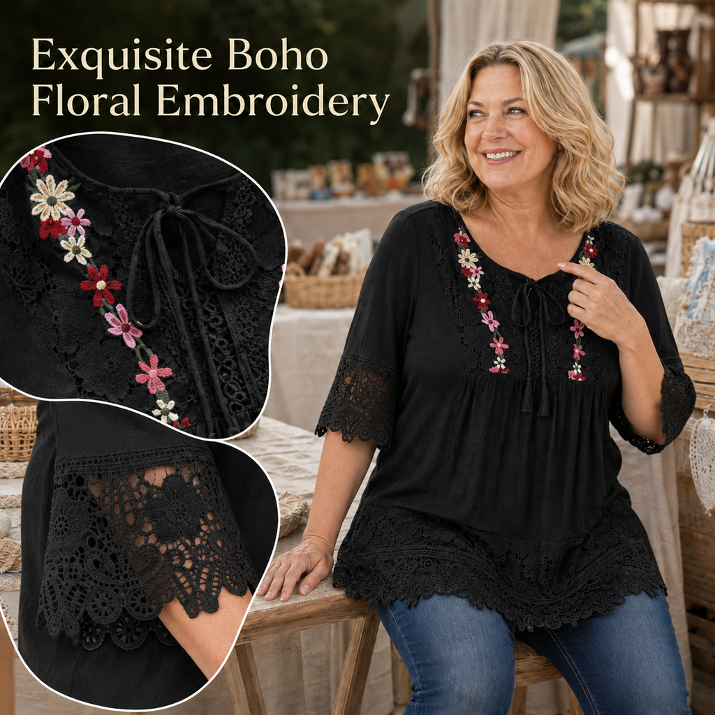 BohoBloom – Plus-Size Cotton-Linen Floral Embroidered Lace Tunic
