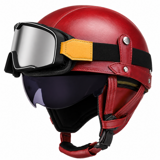 AviatorRide – Vintage PU Leather DOT Motorcycle Half Helmet with Goggles