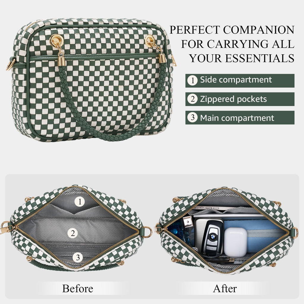 CheckWeave – Chic Checkered Woven Top Handle Crossbody Shoulder Bag in Vegan Leather