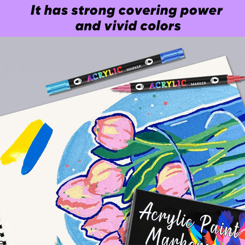 Dual Tip Acrylic Paint Pen Marker and Paper Craft Kit showcasing vibrant colors and strong coverage
