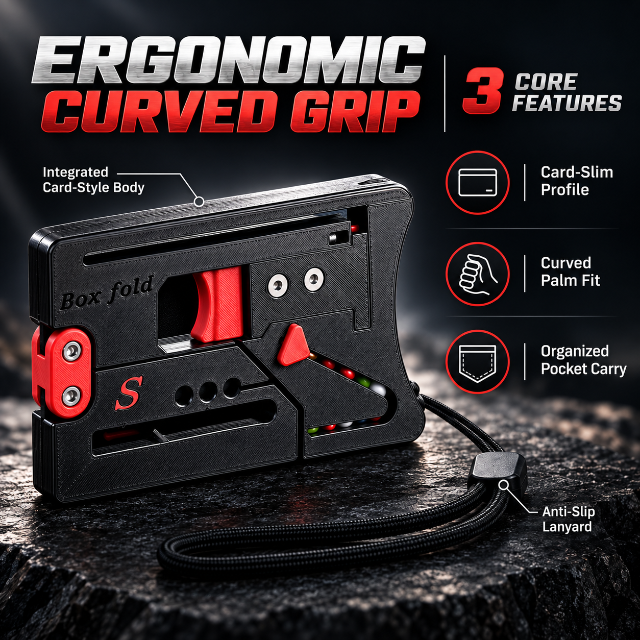 Ergonomic curved grip and organized card-slim BOXFOLD profile