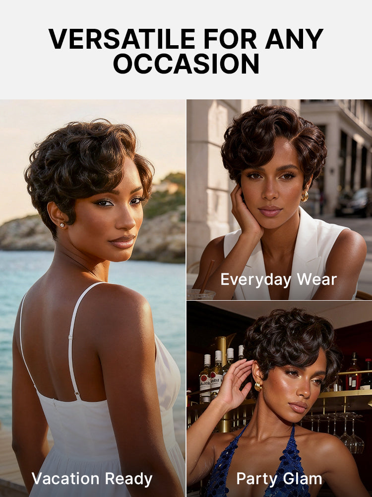 CurlCrown – Beginner-Friendly Natural Black Roll Curl Glueless Pixie Cut Wig with Pre-Cut HD Lace