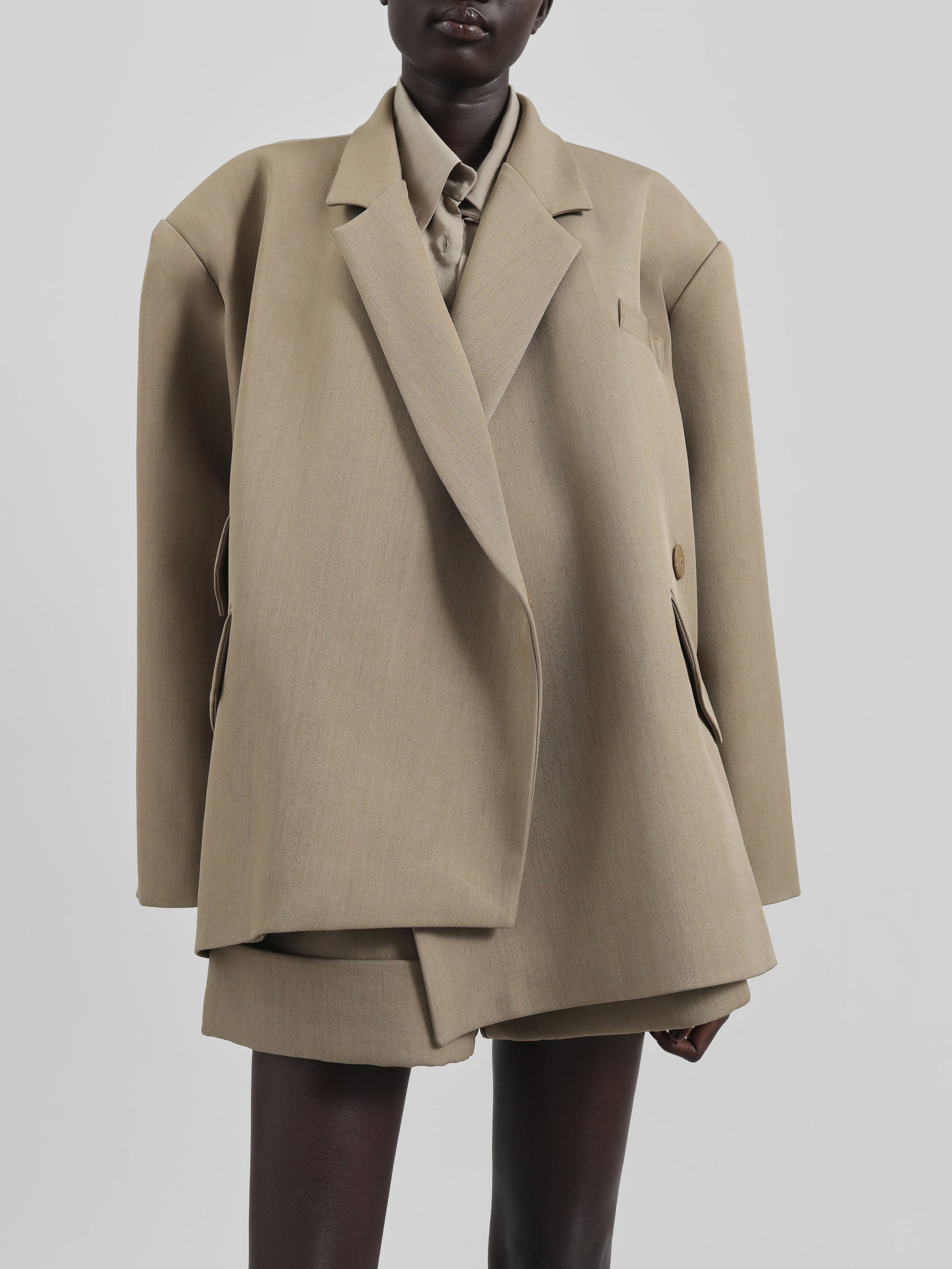 BoxWrap – Taupe Mélange Oversized Wrap Blazer