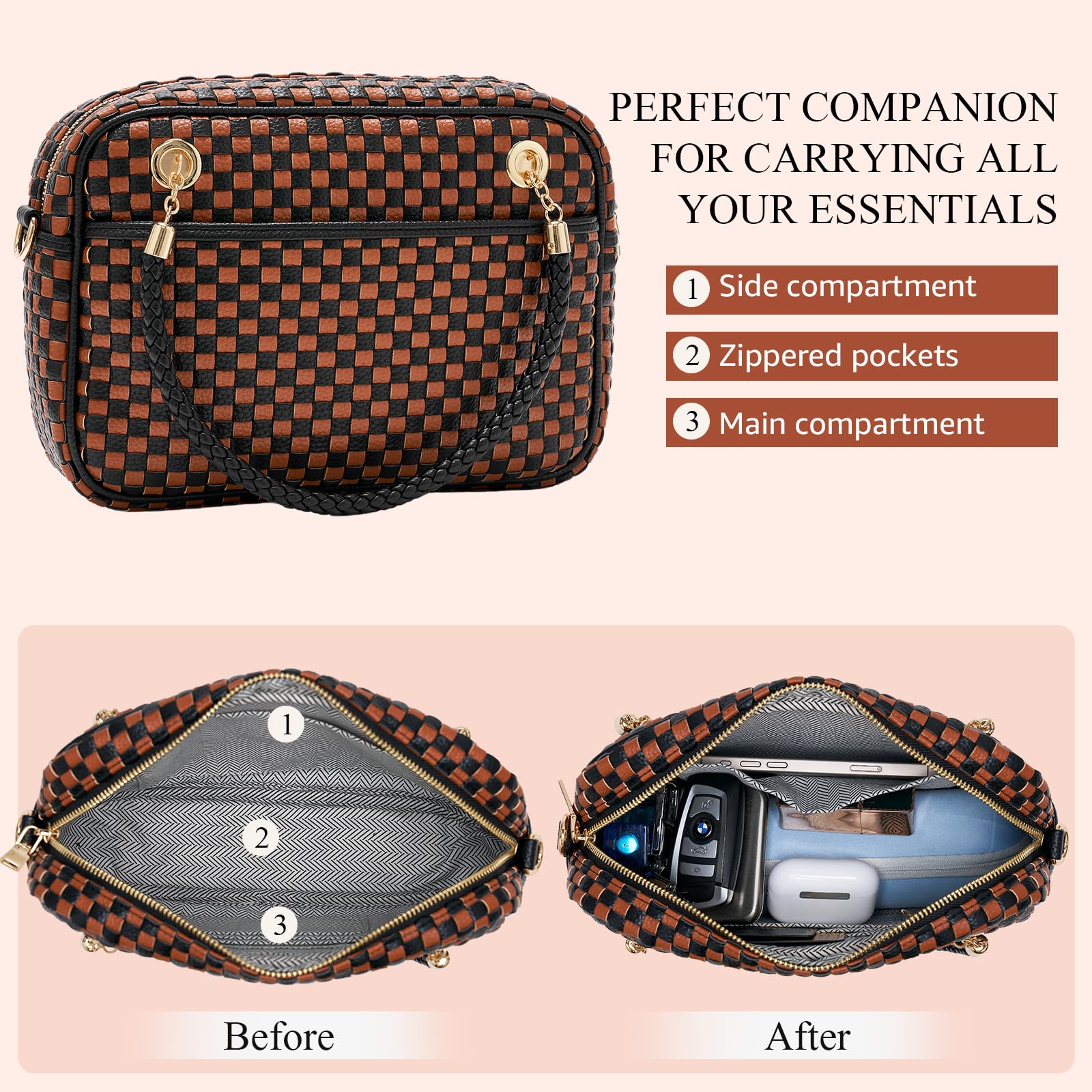CheckWeave – Chic Checkered Woven Top Handle Crossbody Shoulder Bag in Vegan Leather