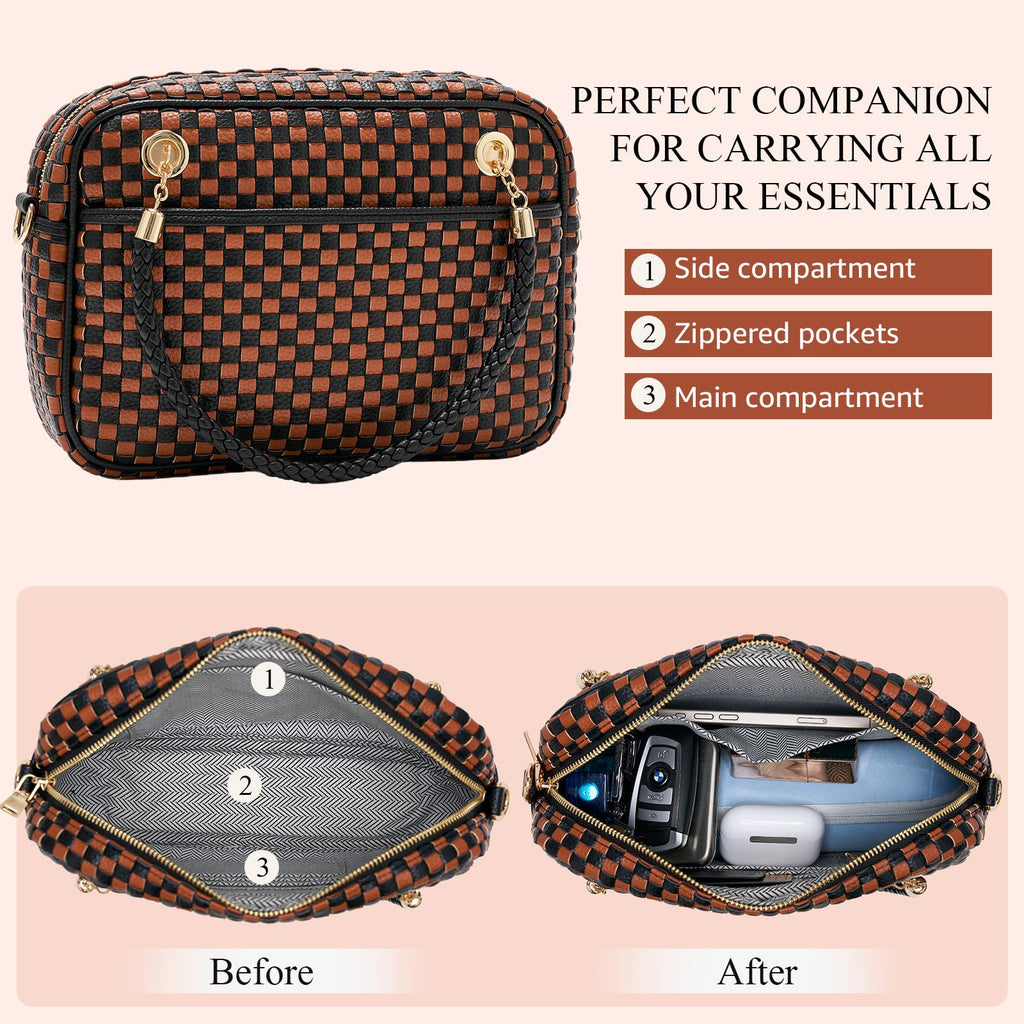 CheckWeave – Chic Checkered Woven Top Handle Crossbody Shoulder Bag in Vegan Leather