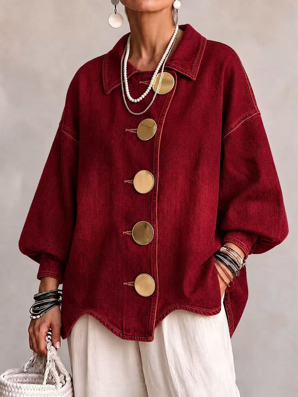 ButtonBloom – 🤲⏰ Collared Oversized Denim Jacket with Large Metal Buttons