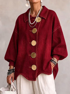 ButtonBloom – 🤲⏰ Collared Oversized Denim Jacket with Large Metal Buttons