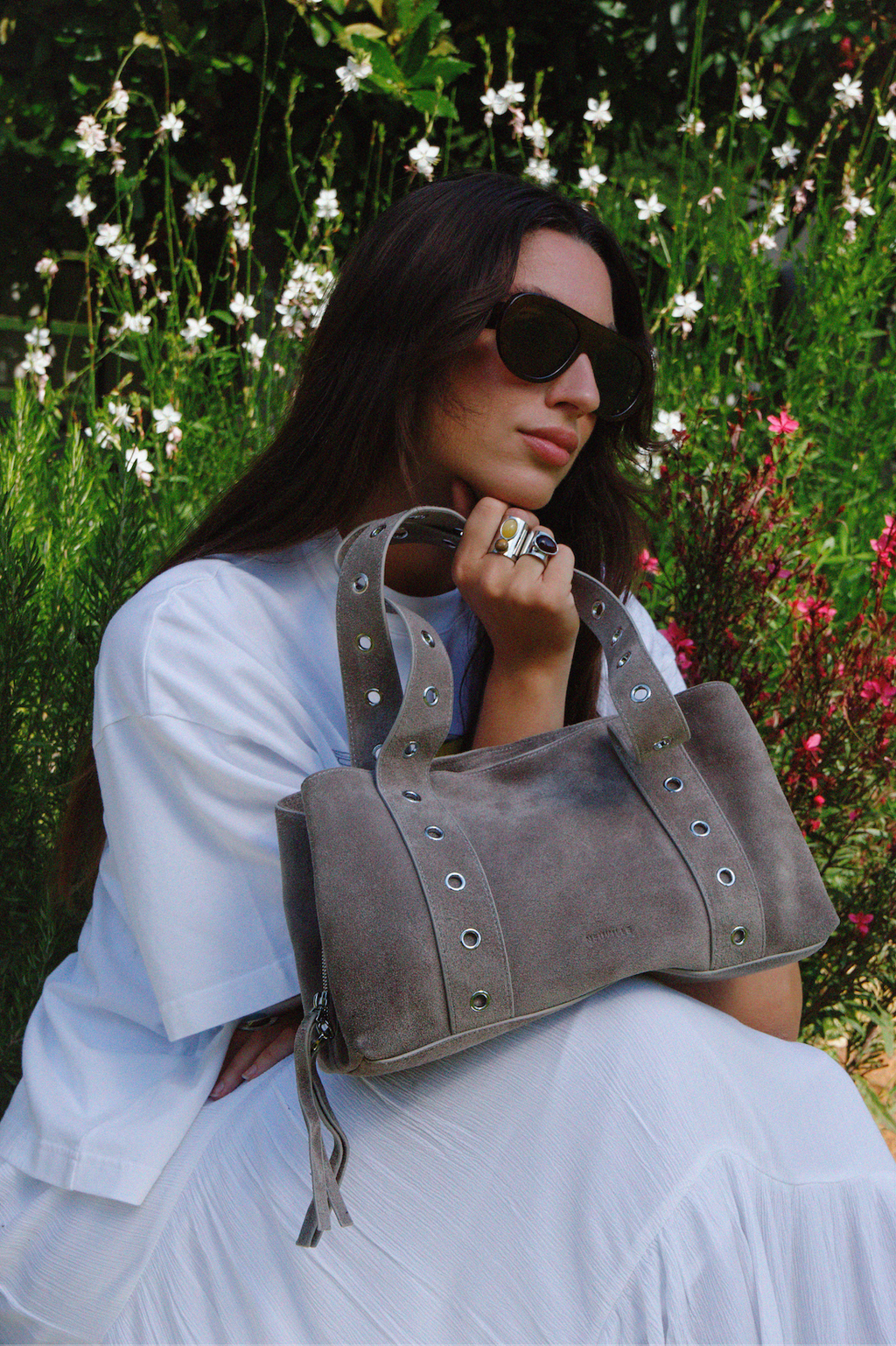 EyeletEase – Stone Suede Leather Handbag