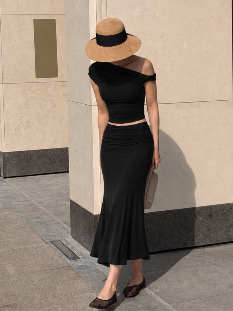 MilayaMuse – Off-the-Shoulder Ruched Top & Midi Skirt Set