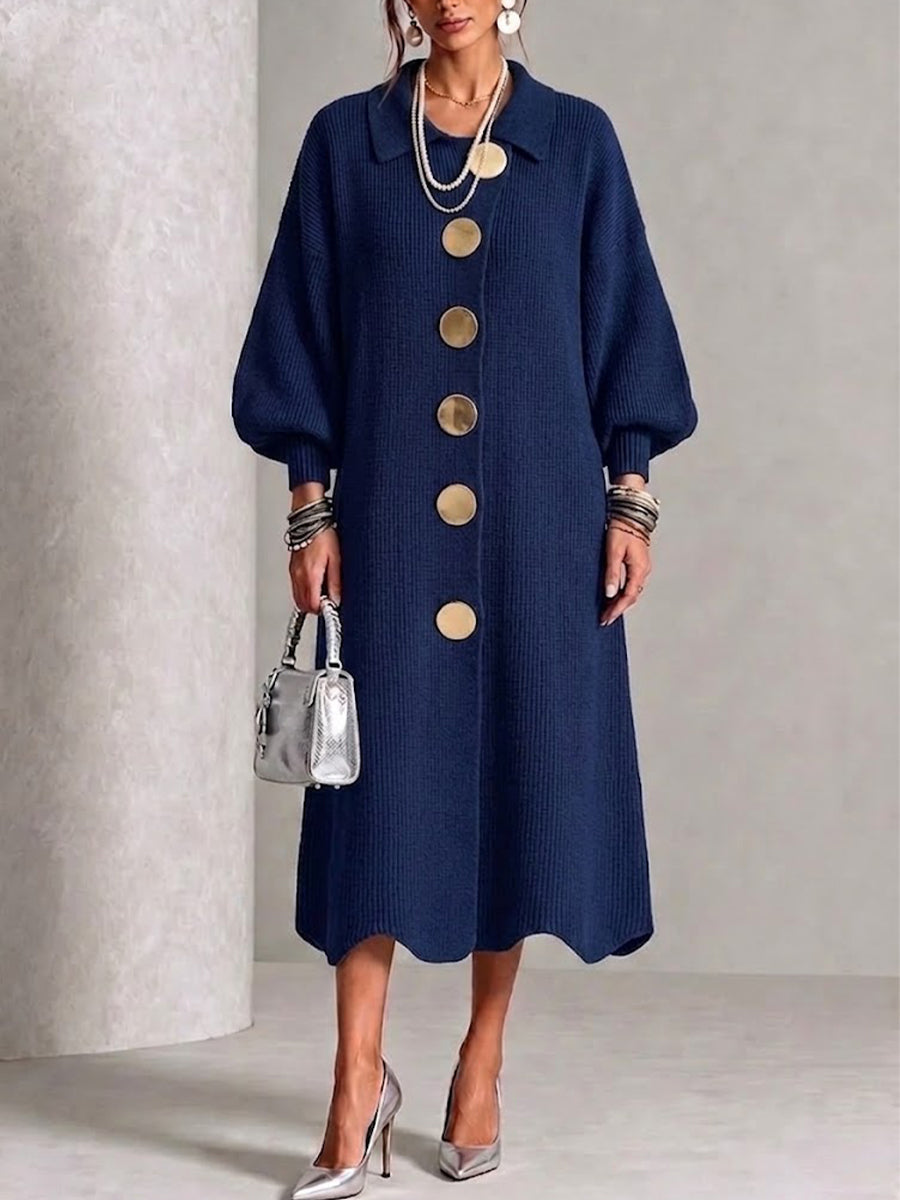 LanternLuxe – 🤲⏰ Long-Sleeve Knit Midi Dress with Large Metal Buttons, Lapel Collar & Lantern Sleeves