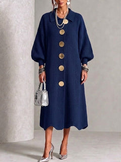 LanternLuxe – 🤲⏰ Long-Sleeve Knit Midi Dress with Large Metal Buttons, Lapel Collar & Lantern Sleeves