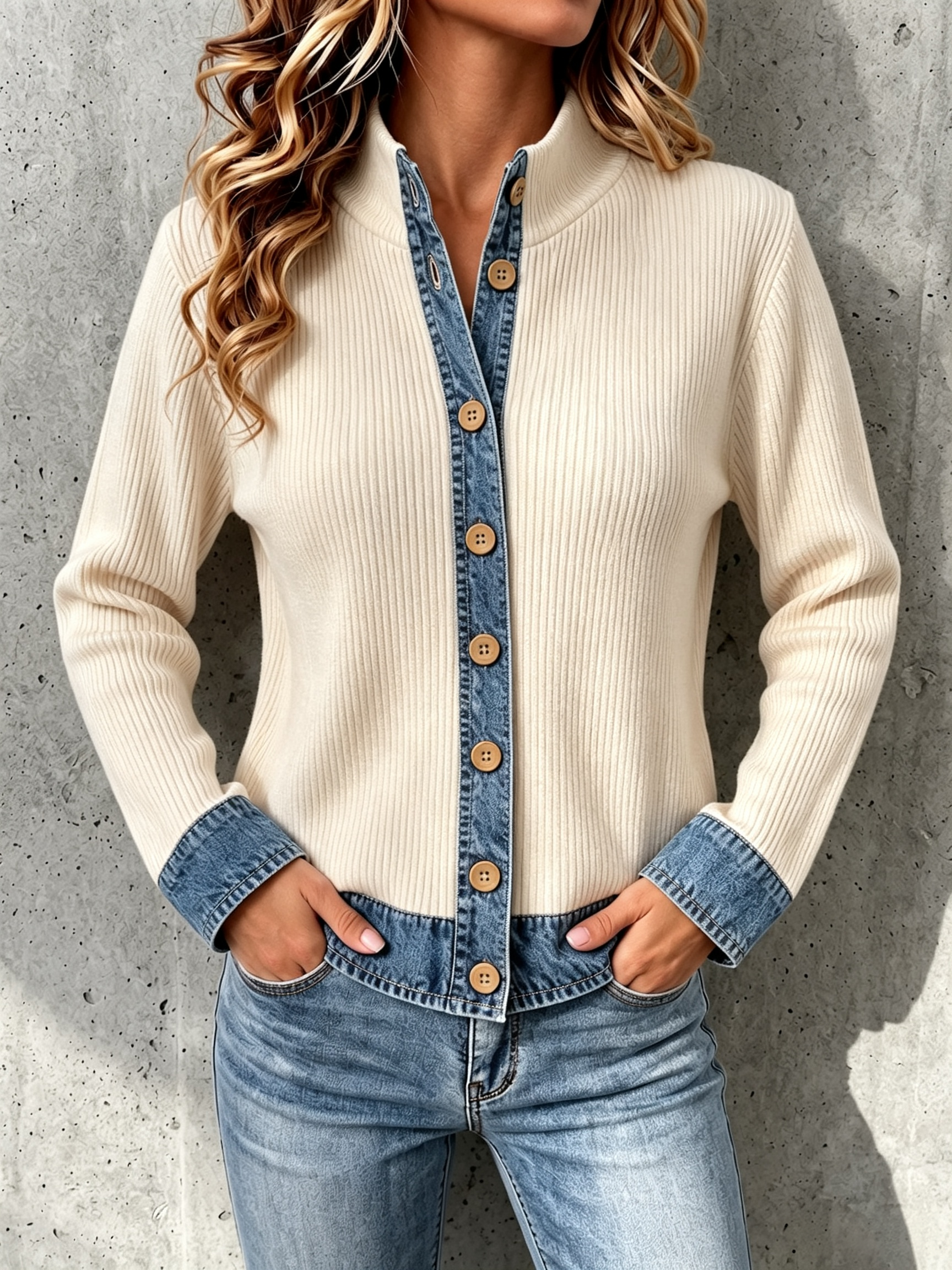 DenimEase – Women's Denim-Paneled Knit Cardigan