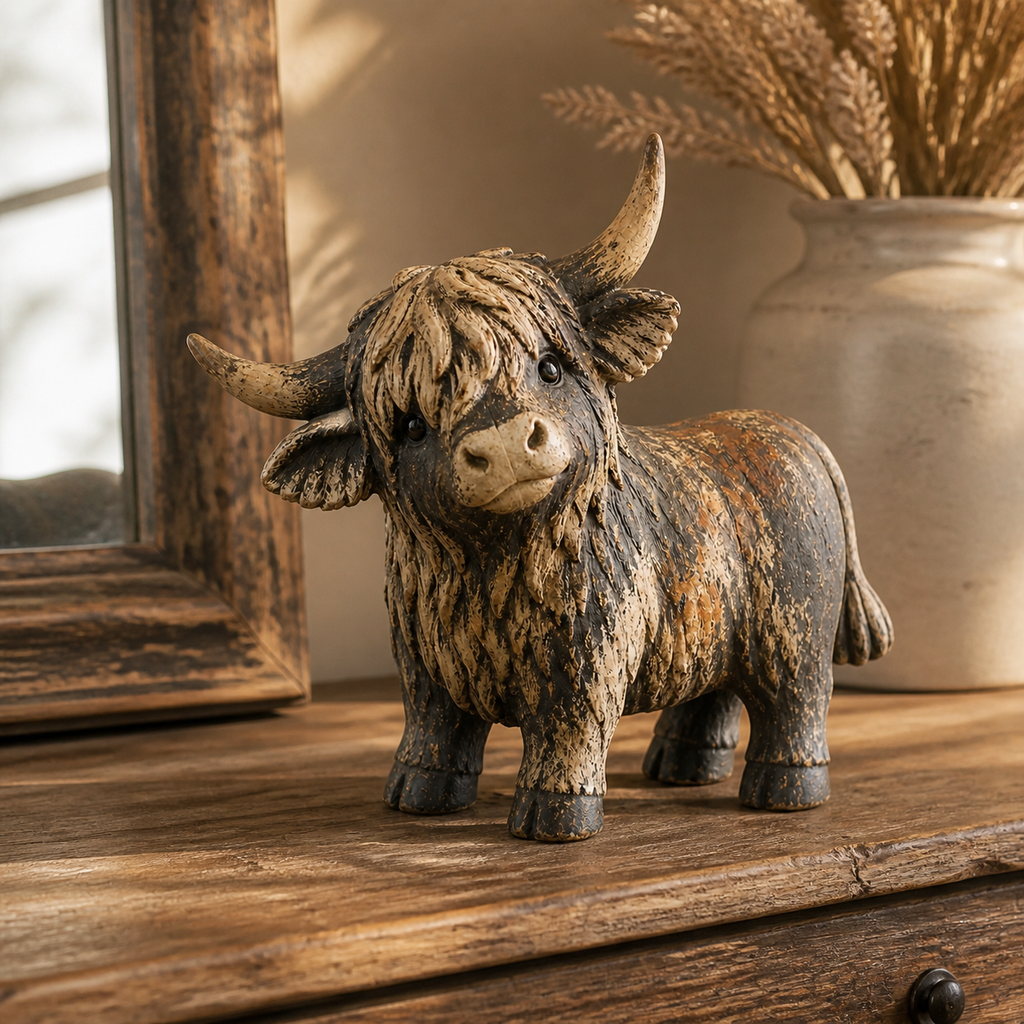 🐮 CuriousCoo – Rustic Highland Cow Figurine for Charming Farmhouse Tabletop Decor