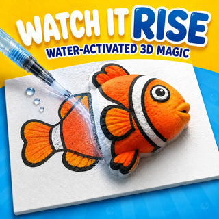 Water-activated artwork expanding into a raised 3D texture