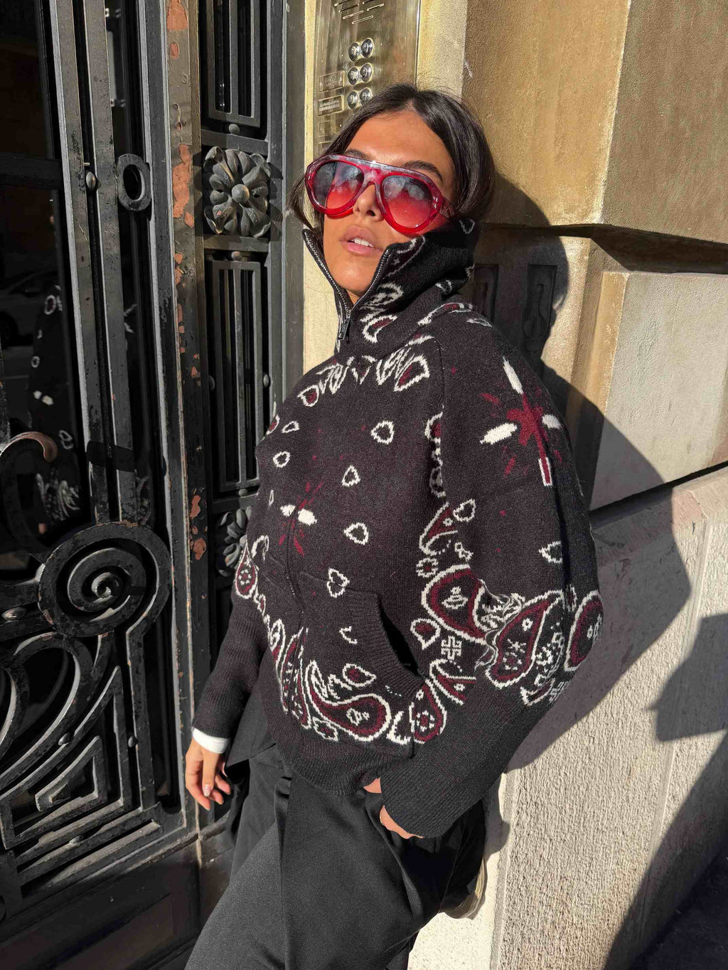 BandanaEase – Bandana-Patterned Knit Cardigan