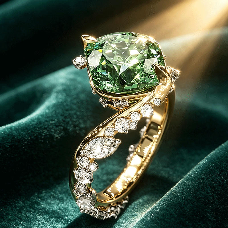 MintCrest – 3ct Cushion-Cut Mint Green Sapphire & White Sapphire Asymmetrical Cluster Ring