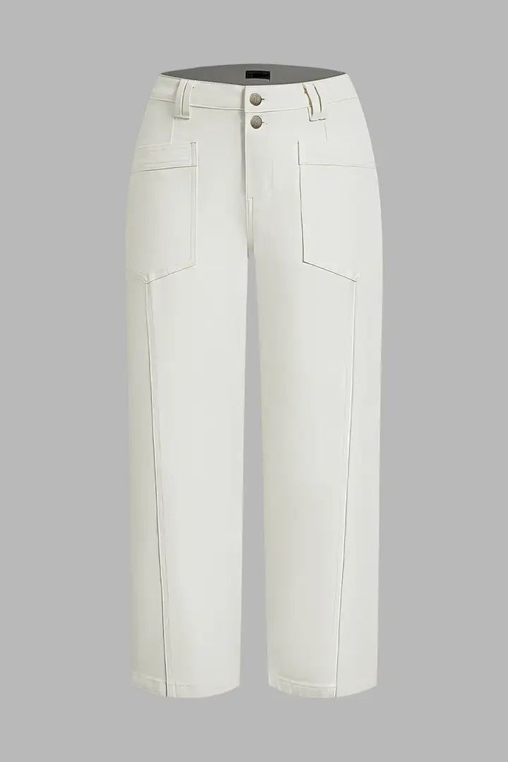 StitchLine – 🔥 Solid Stitch Detail Patch Pocket Mid-Rise Straight-Leg Pants