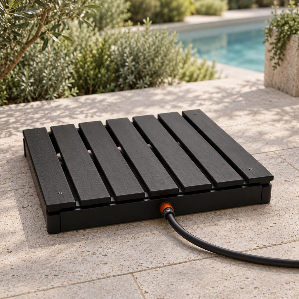 RinseDeck – Hose-Connected Outdoor Shower Platform with Non-Slip Wood-Grain Deck