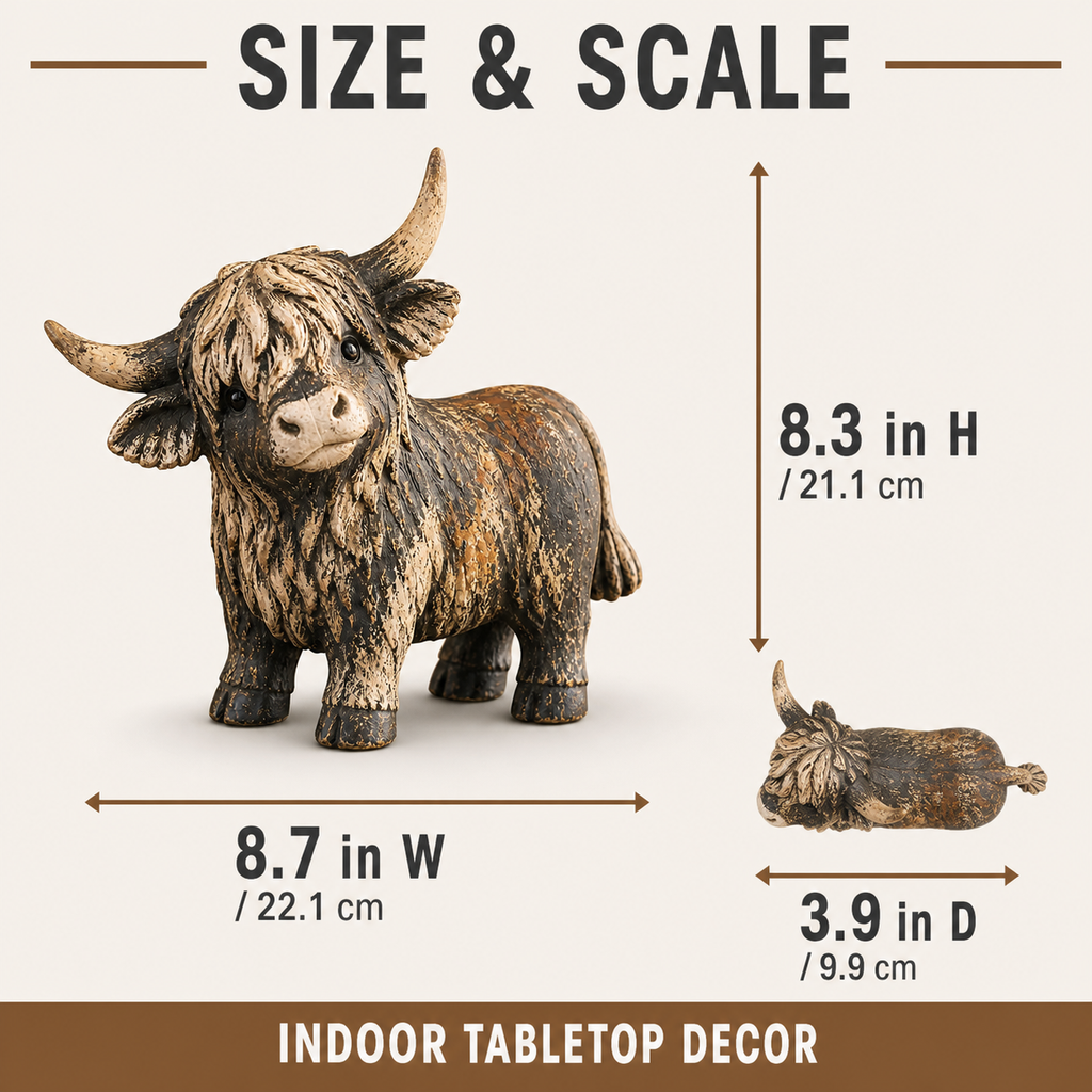 🐮 CuriousCoo – Rustic Highland Cow Figurine for Charming Farmhouse Tabletop Decor