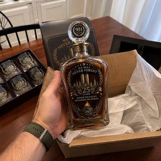🕯️ TributeCrest – 9/11 25th Anniversary Memorial Whiskey Decanter & Glass Gift Set, We Will Never Forget 343 Heroes