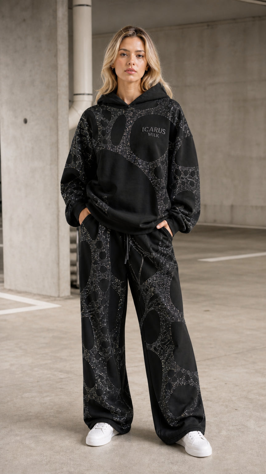 ShimmerEase – Washed Rhinestone Oversized Hoodie & Wide-Leg Pants Set