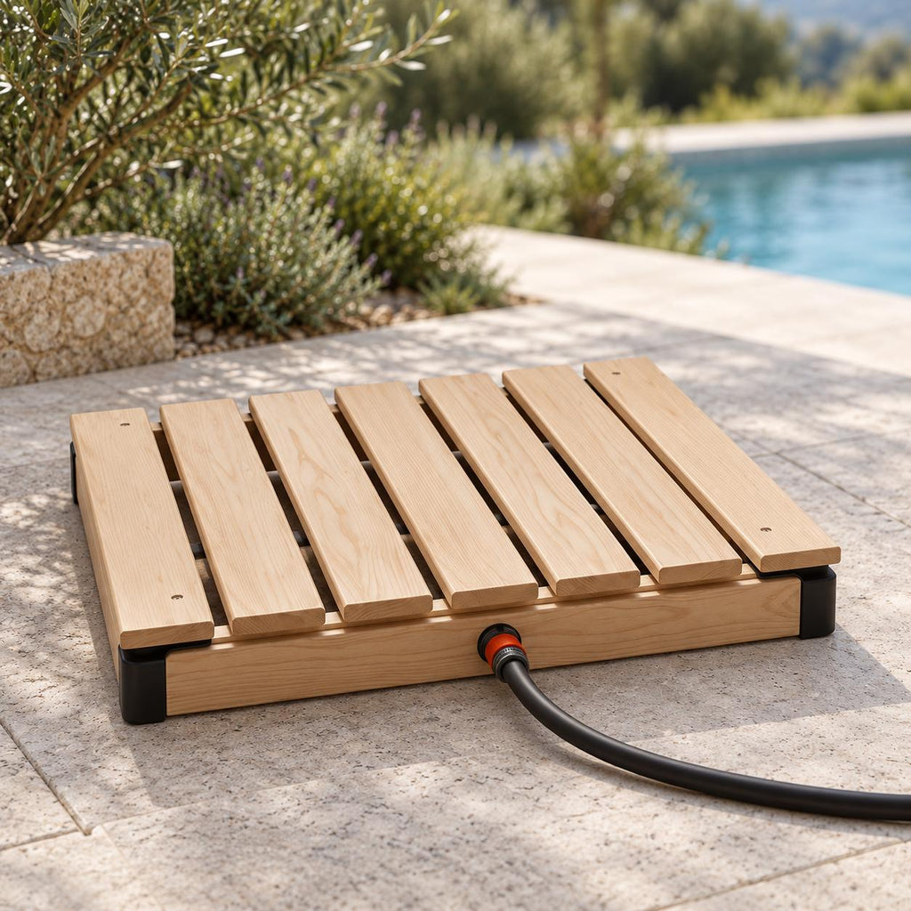 RinseDeck – Hose-Connected Outdoor Shower Platform with Non-Slip Wood-Grain Deck