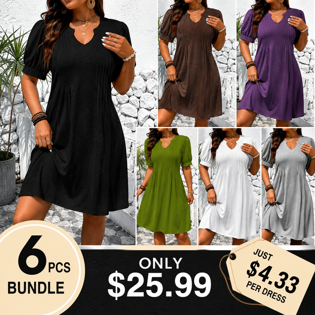 BubbleEase – Women’s V-Neck Bubble-Sleeve A-Line Dress