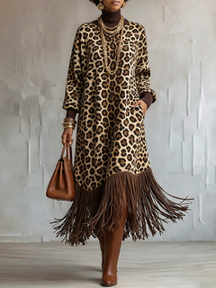 WildFringe – Boho Leopard Print Fringe Dress with Long Sleeves