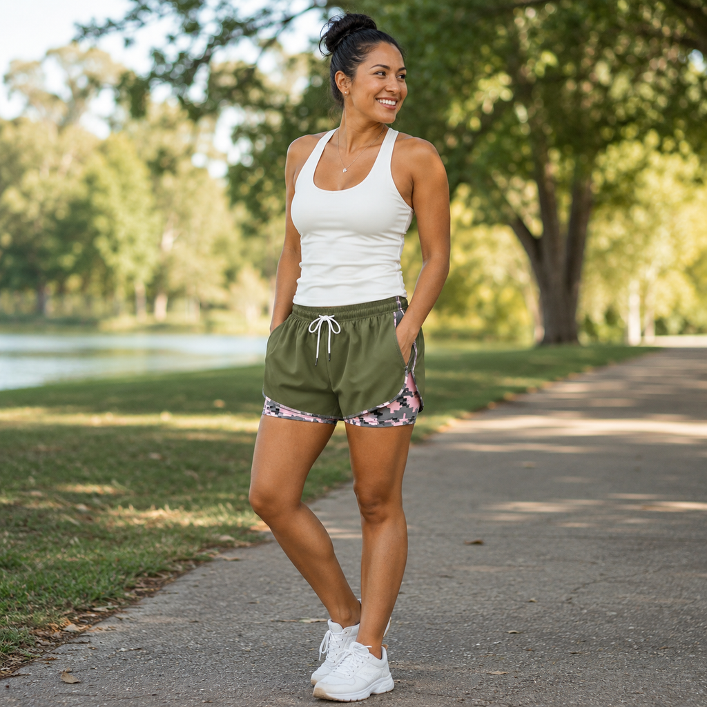 MoveEase – Women’s Double-Layer Athletic Shorts with Pockets
