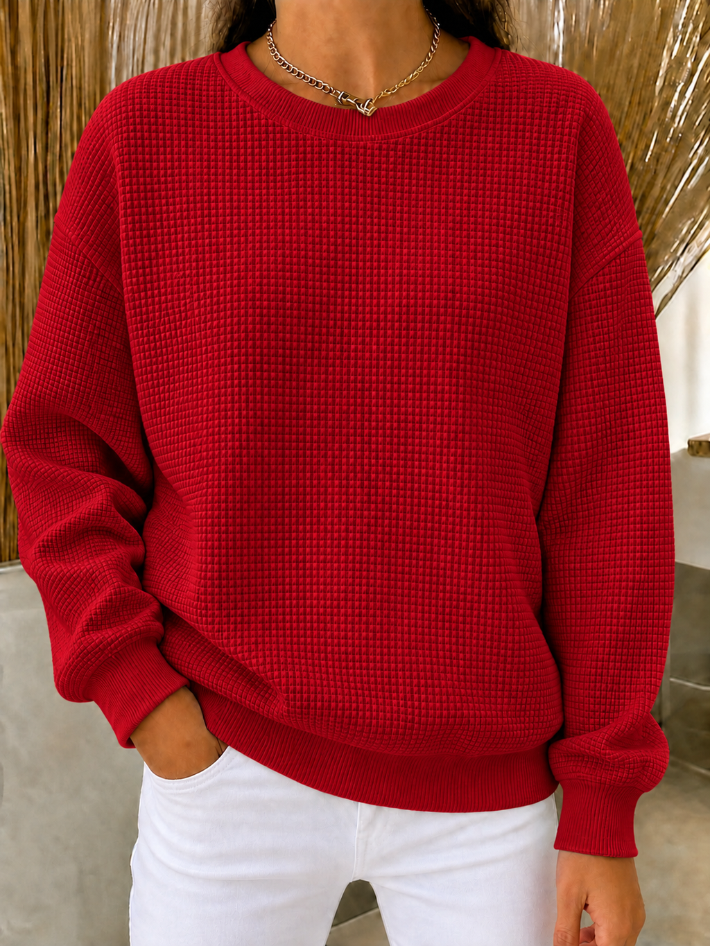 CLEARANCE SALE🔥Women's Waffle Knit Crewneck Sweatshirt