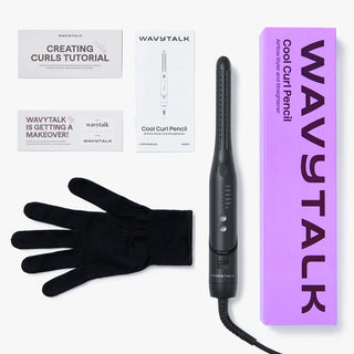 Wavytalk black Cool Curl Pencil with packaging and glove on a white background