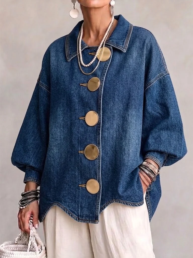 ButtonBloom – 🤲⏰ Collared Oversized Denim Jacket with Large Metal Buttons