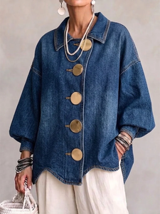 ButtonBloom – 🤲⏰ Collared Oversized Denim Jacket with Large Metal Buttons