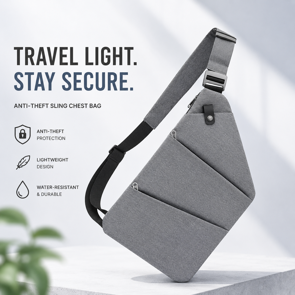 SlimGuard – Grey Anti-Theft Crossbody Sling Bag, Tear-Resistant Polyester Travel Bag