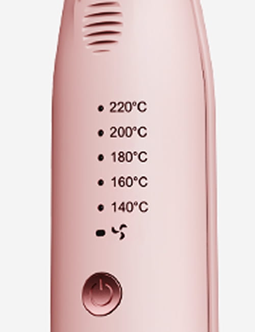 Pink appliance with temperature settings on a white background