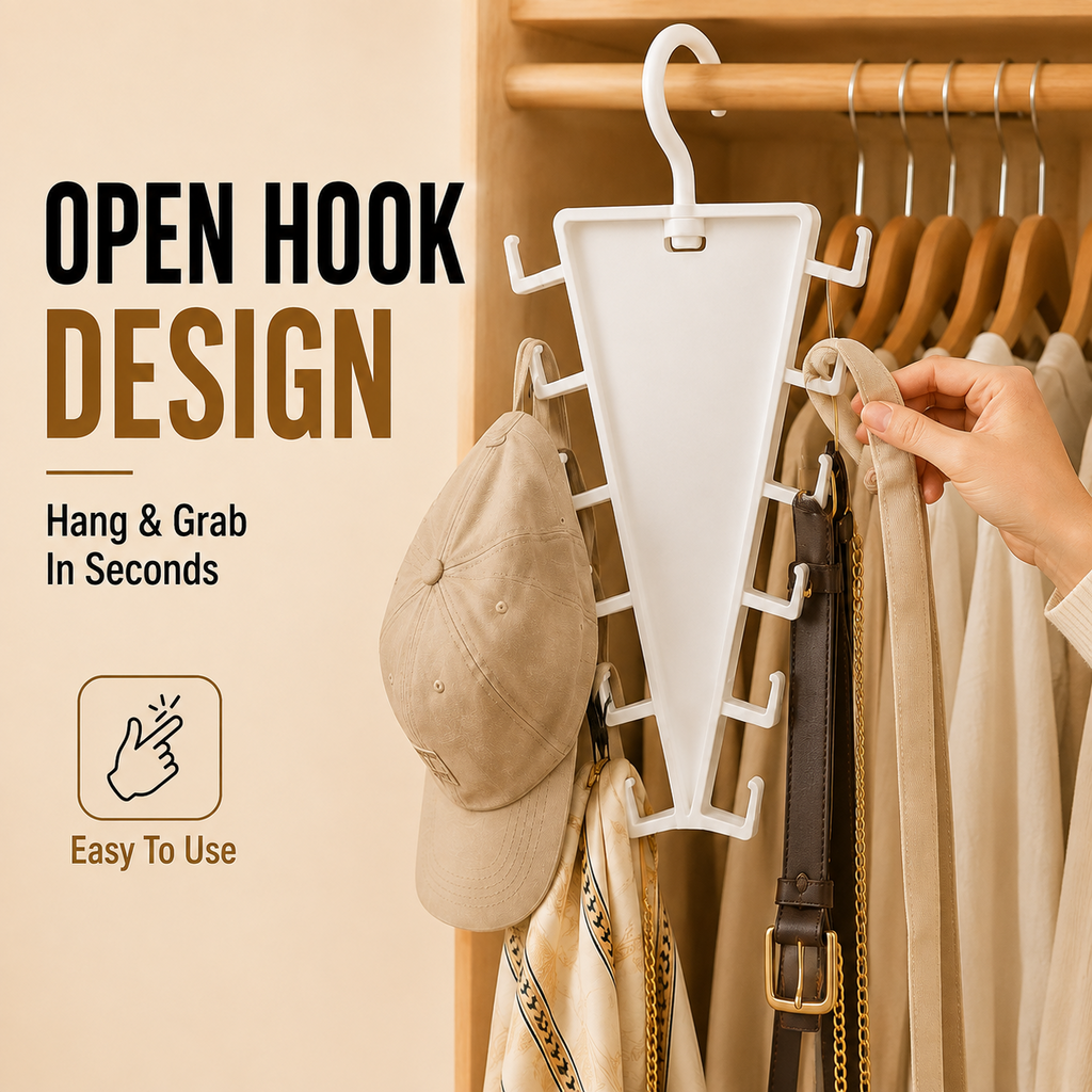 ✨ SwivelNest – 12-Hook V-Shaped Closet Organizer for Hats, Belts, Scarves & Bags